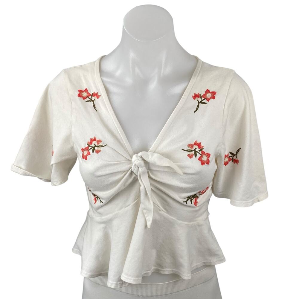 Miss Selfridge White Floral Embroidery Tie Front V Neck Crop Peplum Blouse Top 8
